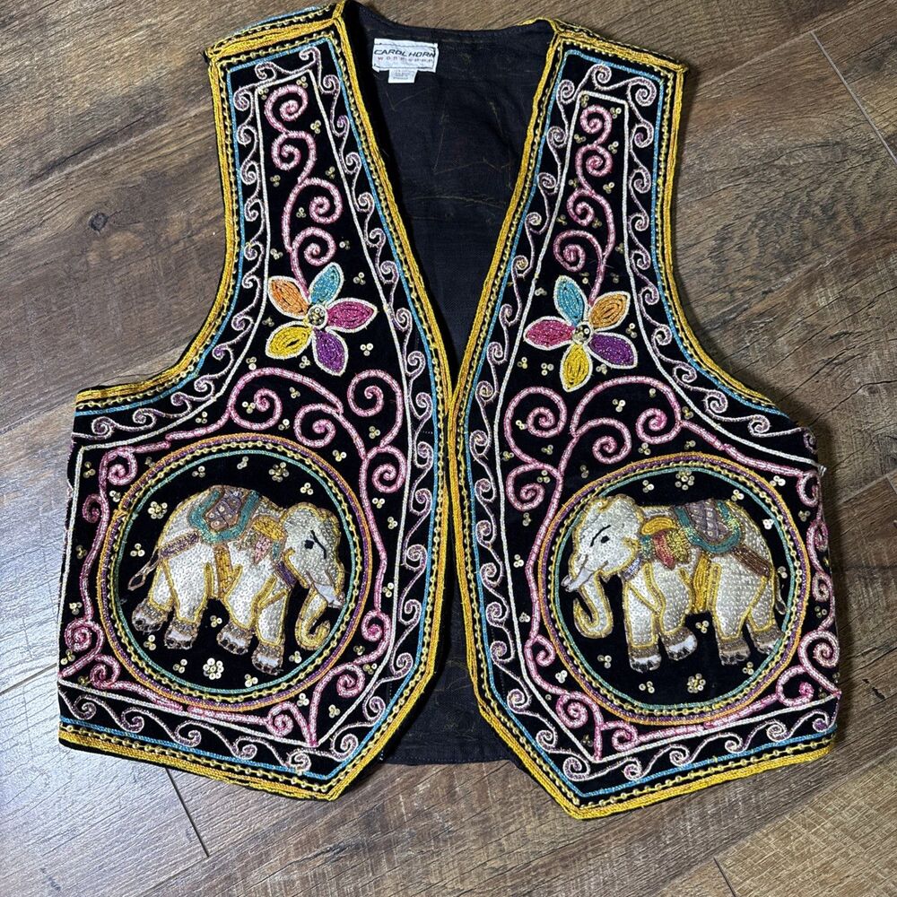 Vintage Carol Horn Embroidered Black Ethnic Elephant Accent Vest